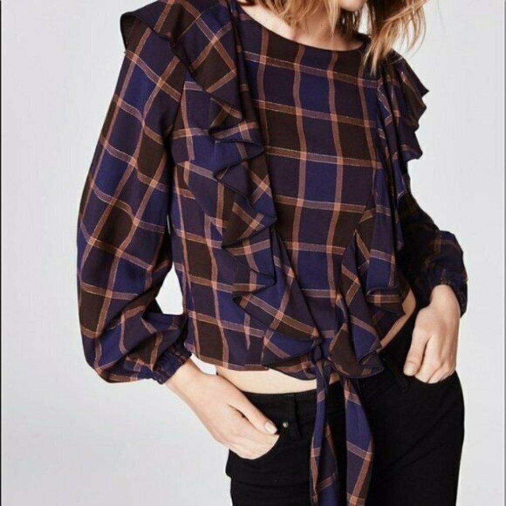 Artelier Nicole Miller Brown and Navy Boyfriend Plaid Metallic Ruffle Blouse L